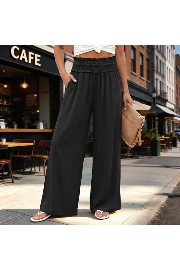 Pants for Women Solid Color Ruffled High Waist Wide Leg Palazzo Pants Elastic Smocked Waist Casual Cotton Pants with Side Pockets Plus Size Available for Summer Beach Daily Wear