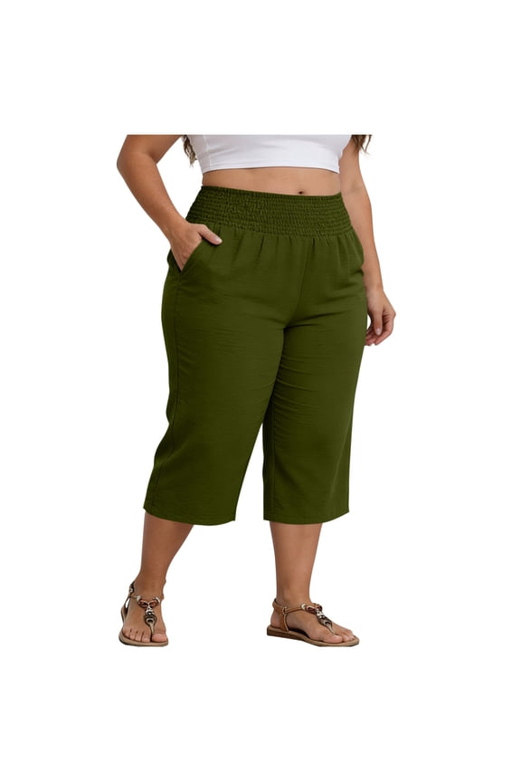 Plus Size Capri Pants for Women Casual Solid Color Elastic Waist Wide Leg with Pockets