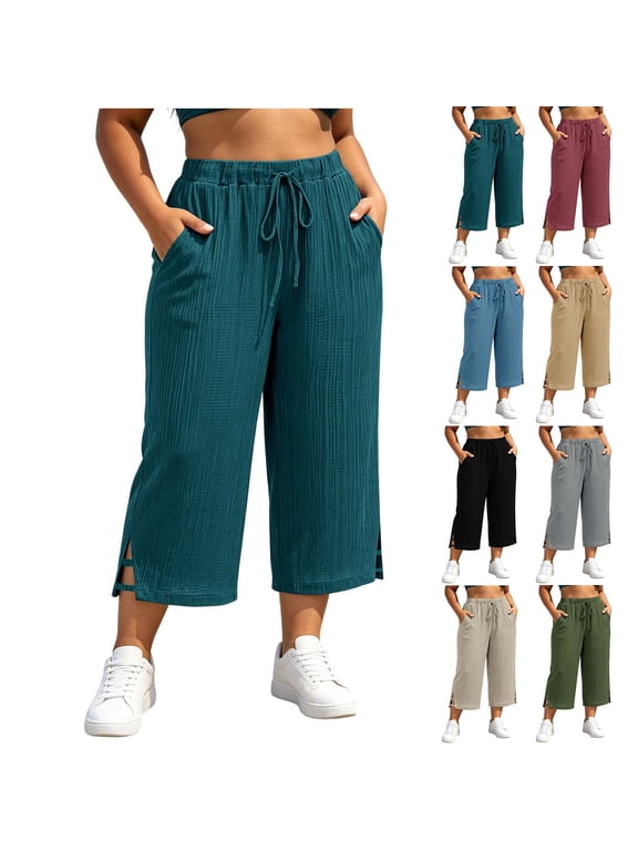 Plus Size Cropped Wide Leg Pants for Women Solid Color Elastic Drawstring Waist Mid Calf Pants With Side Pockets Split Hem Lightweight Summer Daily Walking Bottoms