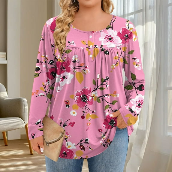 Cutuoiiu Plus Size Tops for Women Daily Printed Crewneck Long Sleeve Shirts Gifts