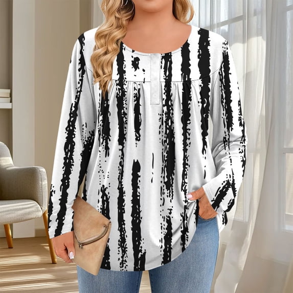 Cutuoiiu Plus Size Tops for Women Daily Printed Crewneck Long Sleeve Shirts Gifts