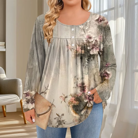 Cutuoiiu Plus Size Tops for Women Daily Printed Crewneck Long Sleeve Shirts Gifts