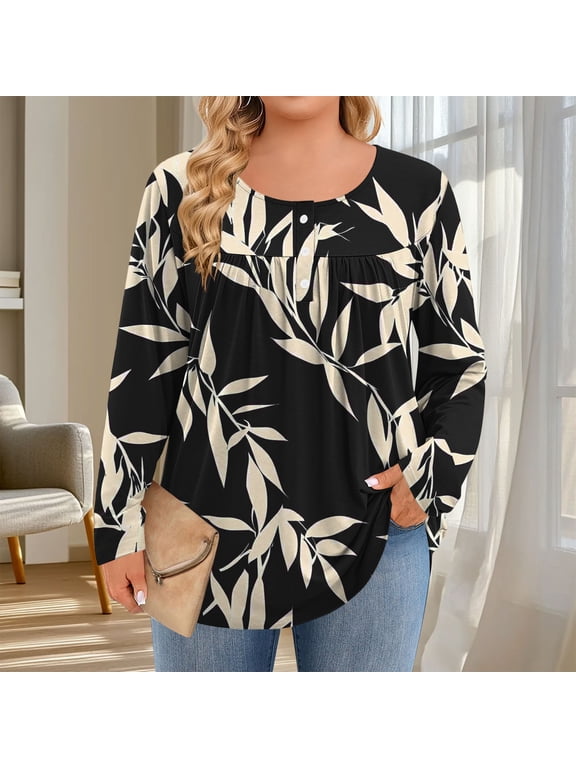 Plus Size Tops for Women Daily Printed Crewneck Long Sleeve Shirts Gifts