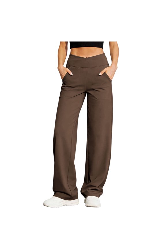 Plus Size Womens Athletic Pants Solid Color Elastic Crossover Waist with Pockets for Fitness and Work Gift