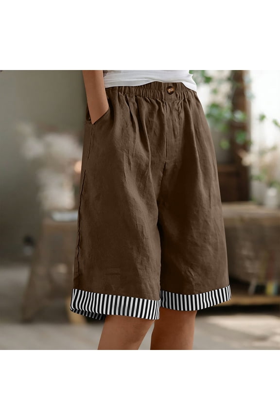 Plus Size Womens Mid Length Shorts Solid Color Elastic Waist with Striped Cuffs and Pockets for Casual Outings Gift