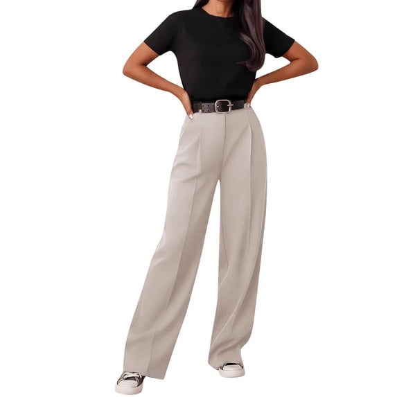 Cutuoiiu Plus Size Womens Solid Color High Waist Pleated Suit Pants Casual Wide Leg Trousers with Pockets Gifts
