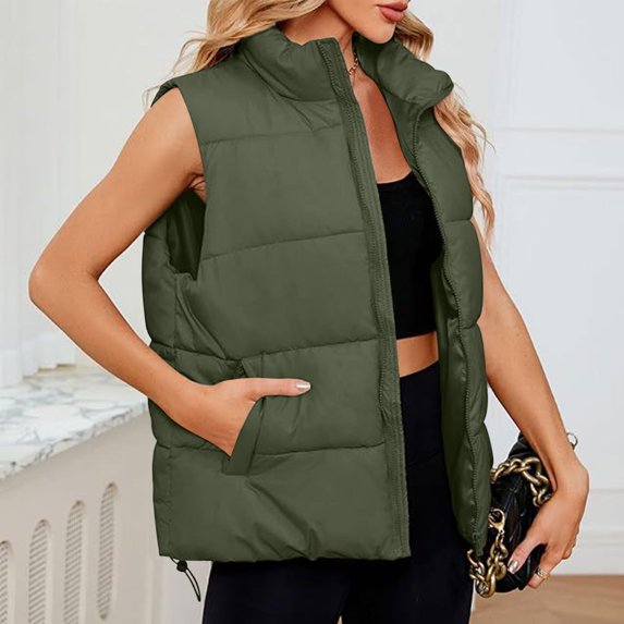 Cutuoiiu Puffer Coats for Women Stand Up Collar Warm Vest Zipper Pockets Coats Gifts