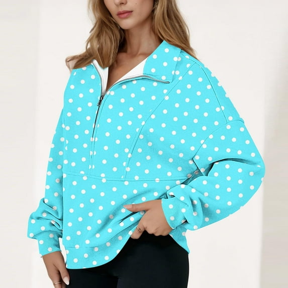 Cutuoiiu Shirts for Women Polka Dot Half Zip Lapel V-Neck Pullover Tops Casual Long Sleeve Shirts Gifts