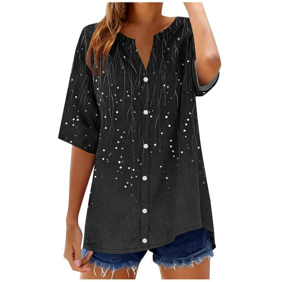 Cutuoiiu Short Sleeve Button Down Shirts for Women Summer Beach V-Neck Tops Gifts