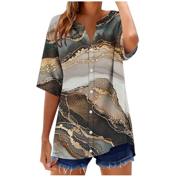 Cutuoiiu Short Sleeve Button Down Shirts for Women Summer Beach V-Neck Tops Gifts