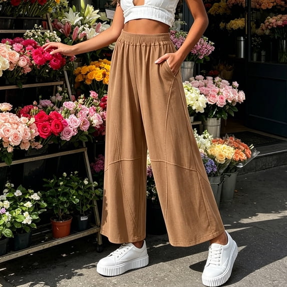 Cutuoiiu Solid Color Cotton Linen Pants for Women Elastic Waist Wide Leg Trousers with Stitch Detail, Functional Pockets for Summer Vacation, Casual Daily Wear