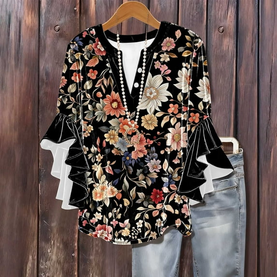 Cutuoiiu T Shirt for Women Casual Button V Neck Vintage Prints Flutter ...