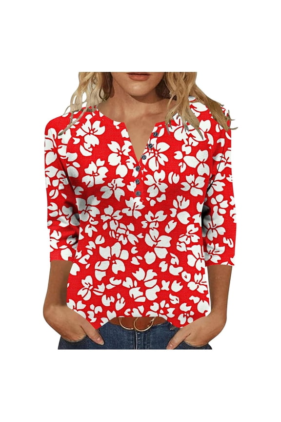 T Shirts for Women Daily Print Button V Neck Casual 3/4 Sleeve Shirts Gifts
