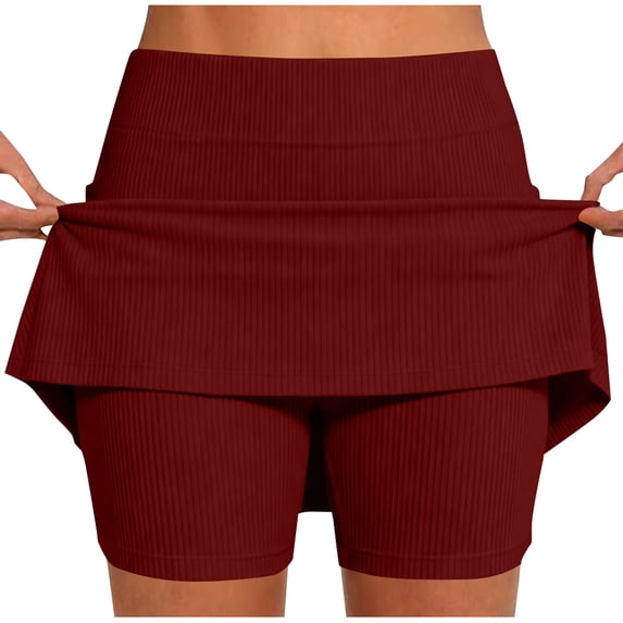 Cutuoiiu Trendy Casual Women's Solid Color Ribbed Mid Waist Skort with Built-in Shorts and Pockets for Workout, Tennis, and Daily Wear Gifts