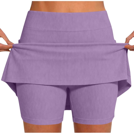Cutuoiiu Trendy Casual Women's Solid Color Ribbed Mid Waist Skort with Built-in Shorts and Pockets for Workout, Tennis, and Daily Wear Gifts