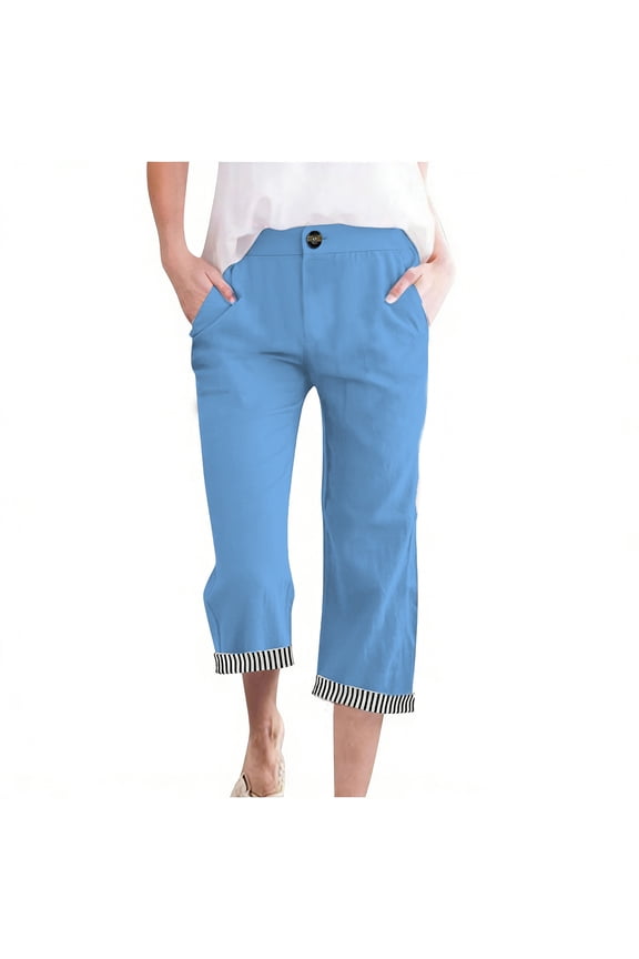 Trendy Women's Capri Pants with Pockets Solid Color Button Closure Striped Cuffs Casual Loose Trousers for Daily Wear & Outdoor Activities Gifts