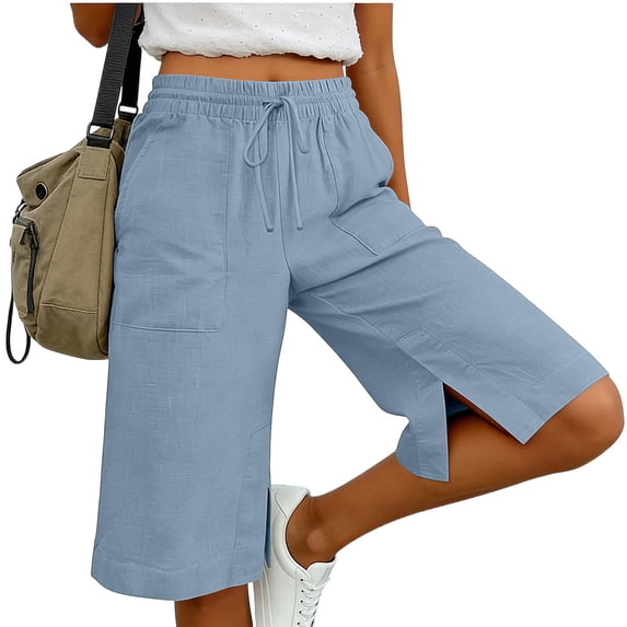 Cutuoiiu Trendy Womens Mid Length Shorts Solid Color Drawstring Closure with Side Slits and Pockets for Casual Outings Gift