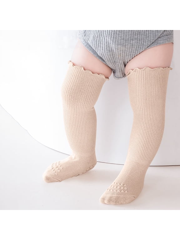 Unisex Baby Knee High Socks Solid Color Ribbed Ruffle Cuff Anti Slip Floor Socks for Infant Boys And Girls 0-3 Years Old Learning Walk Daily Wear