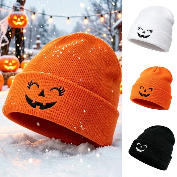 Cutuoiiu Unisex Fall Winter Knit Hat Halloween Pumpkin Face Embroidered Knit Beanie Soft Cuffed Winter Hat for Holiday Party Daily Wear