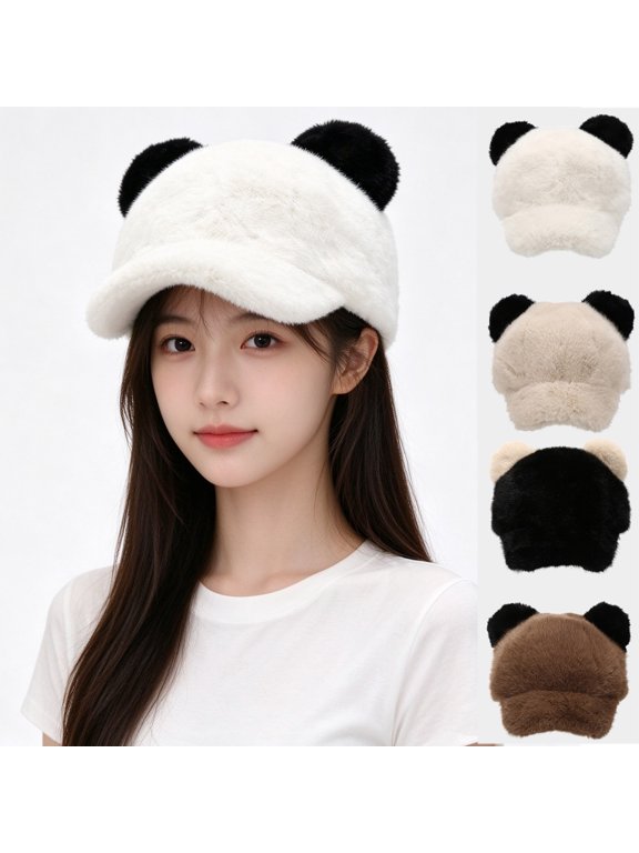 Winter Thick Warm Panda Ear Plush Baseball Cap for Women Men, Cute Animal Design, Soft Cozy Cold Weather Hat, Adjustable Casual Outdoor Daily Wear