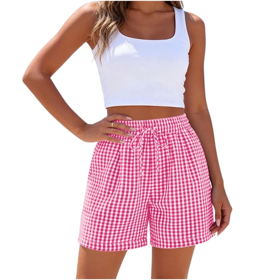 Cutuoiiu Women Comfortable Gingham Print Elastic Waist Drawstring Shorts with Side Pockets Everyday Wear Summer Shorts Gifts