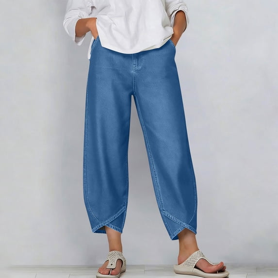 Cutuoiiu Women Comfortable High Waist Petal Hem Cropped Pants with Pockets Everyday Wear Trousers Gifts