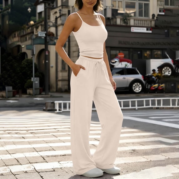 Cutuoiiu Women Fashion Scoop Neck Cami Set Solid Color Drawstring Waist Wide Leg Pants Casual Loungewear Gifts