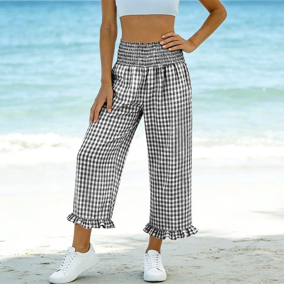 Cutuoiiu Women Lightweight Comfortable Gingham Print Smocked High Waist Pants with Pockets Everyday Wear Wide Leg Trousers Gifts