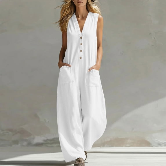 Cutuoiiu Women Plus Size Spring Summer Casual Solid Color V-Neck Button Front Linen Jumpsuit with Pockets Gifts