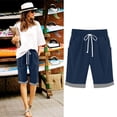 thumbnail image 1 of Cutuoiiu Women Solid Color Elastic Drawstring Waist Pocket Knee Length Shorts with Striped Cuff for Casual Daily Wear Gift, 1 of 7