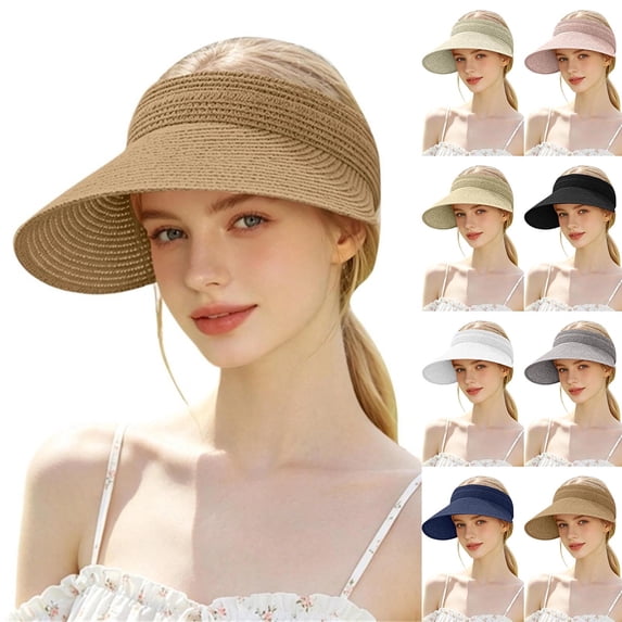 Cutuoiiu Women Solid Color Woven Straw Sun Visor Hat, Wide Curved Brim Open Top Ponytail Friendly Summer Beach Travel Sun Shade Hat