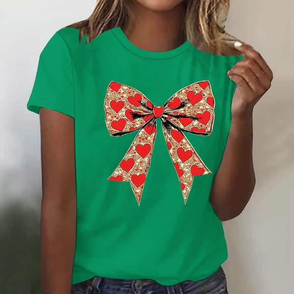 Cutuoiiu Women's Bow Heart Graphic Casual Crewneck Short Sleeve Tops Gifts