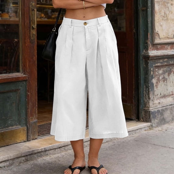 Cutuoiiu Women's Capri Pants Wide Leg High Waist Casual Trousers with Pockets for Summer Beach Vacation