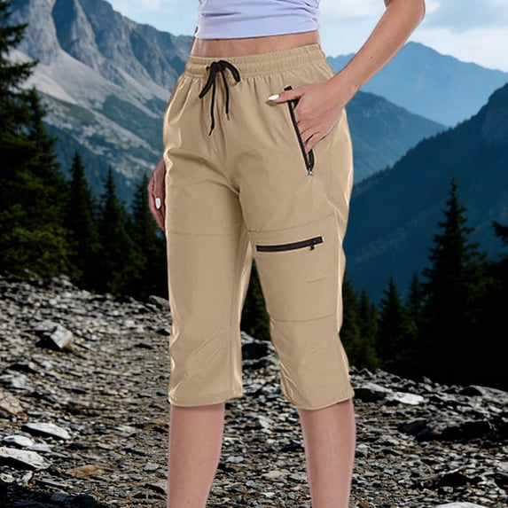 Cutuoiiu Women's Cargo Pants, Casual Elastic Waist Capri Pants with Zipper Pockets, Quick Dry Hiking Pants for Outdoor Work and Summer Wear
