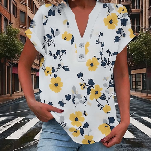 Cutuoiiu Women's Casual Button V Neck Short Sleeve Cozy Summer Loose Shirts Gifts