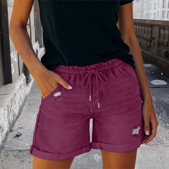 Cutuoiiu Women's Casual Drawstring Waist Denim Shorts Slim Fit Distressed Jeans with Pockets Gifts