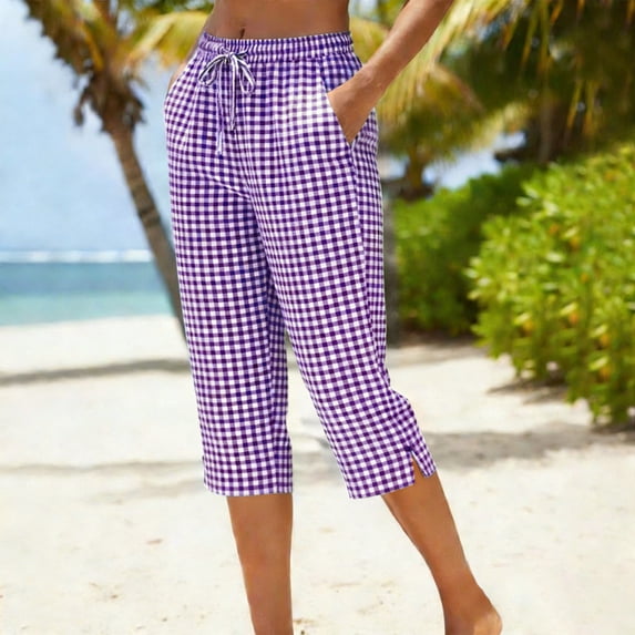 Cutuoiiu Women's Casual Gingham Print Capri Pants with Pockets, Elastic Drawstring Waist Split Hem Loose Fit Trousers for Summer Everyday Activities Gift