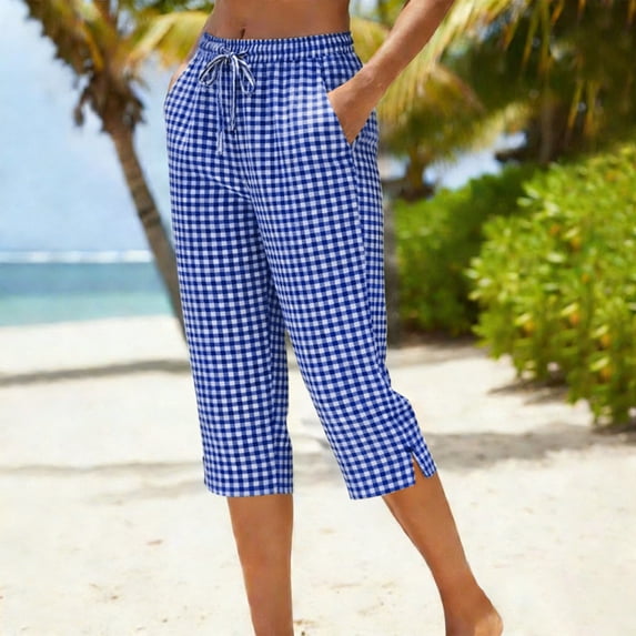 Cutuoiiu Women's Casual Gingham Print Capri Pants with Pockets, Elastic Drawstring Waist Split Hem Loose Fit Trousers for Summer Everyday Activities Gift