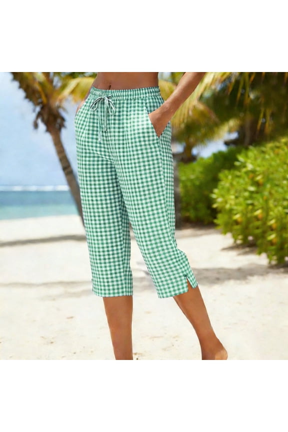 Women's Casual Gingham Print Capri Pants with Pockets, Elastic Drawstring Waist Split Hem Loose Fit Trousers for Summer Everyday Activities Gift