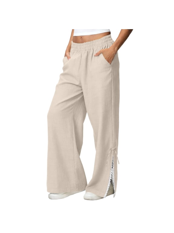 Women's Casual High Waist Slit Hem Solid Color Cotton Linen Lace Stitching Wide-Leg Pants with Pockets Beach Travel Vacation Gifts