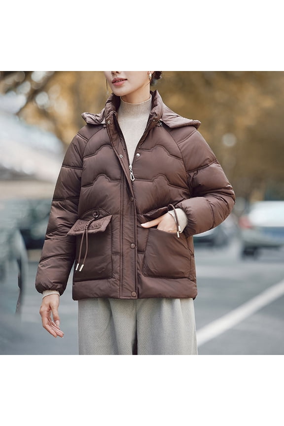 Women's Casual Hooded Parka with Double Pockets Stand Collar Long Sleeve Zipper Coats Gifts