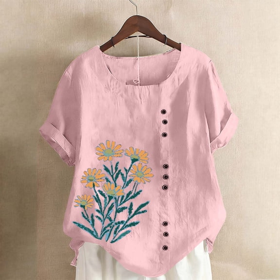 Cutuoiiu Women's Casual Loose Round Neck Short Sleeve Decorative Button Tops Gifts