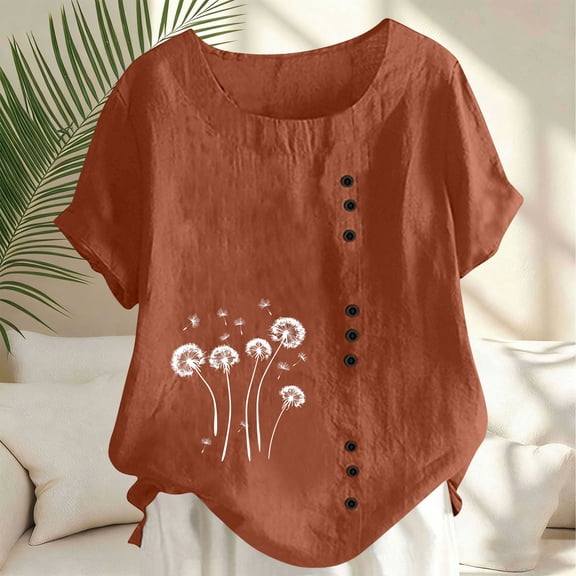 Cutuoiiu Women's Casual Loose Round Neck Short Sleeve Decorative Button Tops Gifts