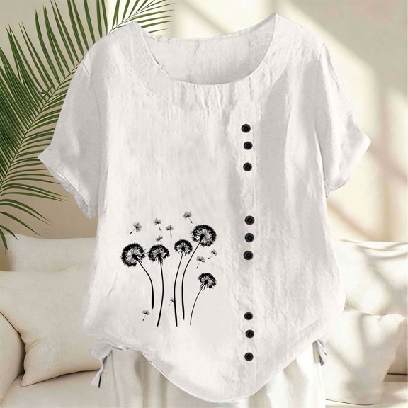 Cutuoiiu Women's Casual Loose Round Neck Short Sleeve Decorative Button Tops Gifts