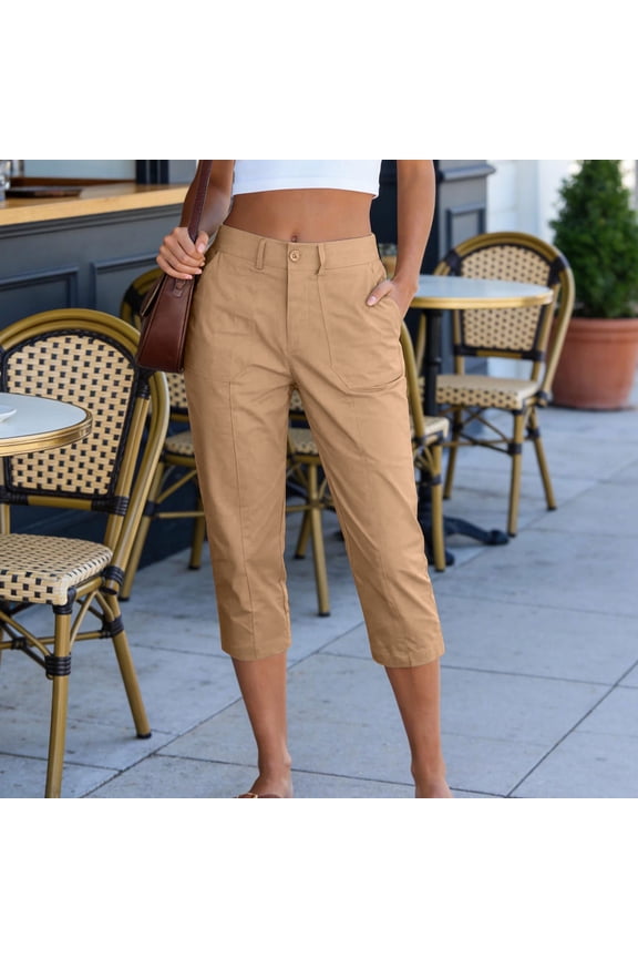 Women's Casual Plus Size Cargo Capris High Waist Stretch Trousers with Pockets for Daily Wear