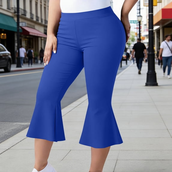 Cutuoiiu Women's Casual Plus Size Elastic Waist Flared Capri Pants, Stretchy Solid Color Bell Bottom Yoga Pants for Everyday Activities Gift