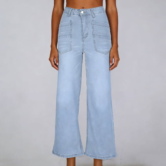 Cutuoiiu Women's Casual Plus Size High Waist Loose Wide Leg Cropped Denim Jeans with Patch Pockets Gifts