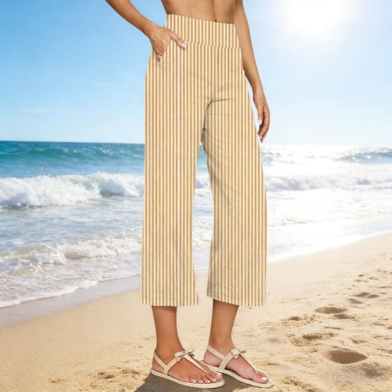 Cutuoiiu Women's Casual Plus Size High Waist Striped Wide Leg Pants with Pockets for Summer Daily Wear