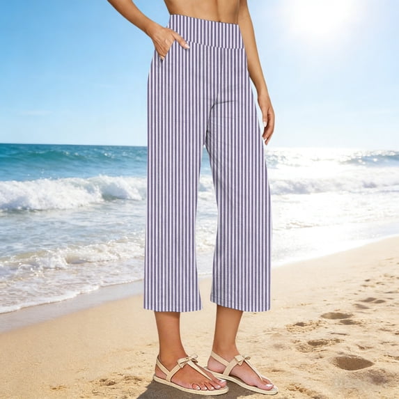 Cutuoiiu Women's Casual Plus Size High Waist Striped Wide Leg Pants with Pockets for Summer Daily Wear