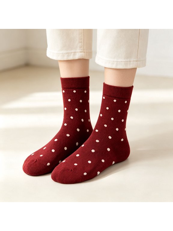 Women's Casual Socks Regular Fit Rib Cuff Vintage Mid Calf Socks White Polka Dot Knit Socks Soft Stretch Socks for Winter Daily Wear